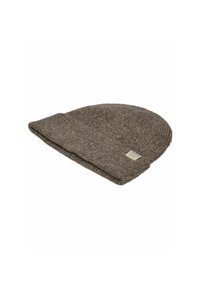 Berretto a cuffia marrone realizzato in tessuto texturizzato, con risvolto e una piccola etichetta del marchio sul lato.