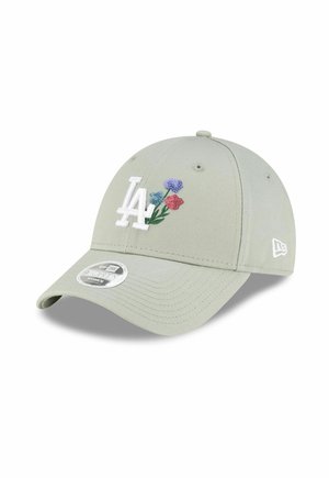 Hellgraue Baseballkappe mit weißem "LA"-Logo und bestickten blauen, violetten und roten Blumen auf der Vorderseite, gebogener Schirm, New Era-Logo an der Seite.