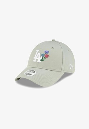 Hellgraue Baseballkappe mit weißem "LA"-Logo und bestickten blauen, violetten und roten Blumen auf der Vorderseite, gebogener Schirm, New Era-Logo an der Seite.