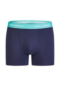 Pohodlné boxerky v námořnické modři vyrobené z měkké tkaniny, s tyrkysovým elastickým pasem, na kterém je nápis "HAPPY SHORTS".