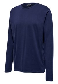 Chemise à manches longues bleu marine en tissu doux, avec un col rond, une coupe droite et peu de détails, idéale pour un usage décontracté.