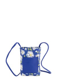 Bolso cruzado azul con estampado floral, hecho de material sintético texturizado. Cuenta con un bolsillo frontal y una correa para el hombro.