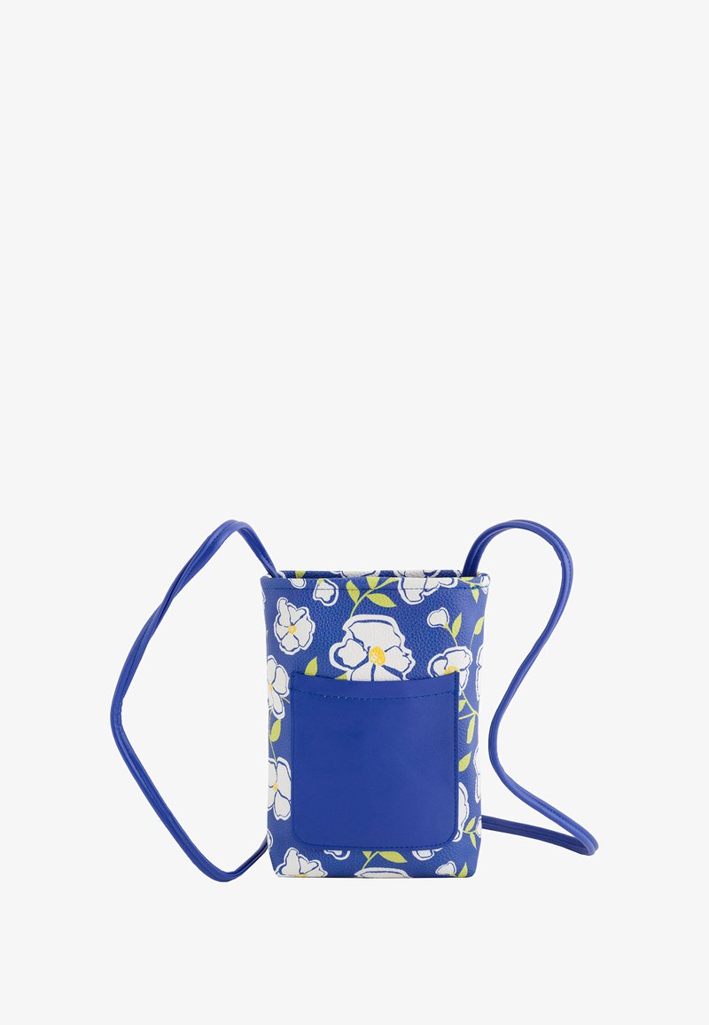 Floral-patterned blue crossbody bag, made of textured synthetic material. Features a front pocket and a shoulder strap.