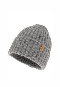 Gray knit beanie with ribbed texture and a folded cuff, featuring a small rectangular beige tag with text on one side.