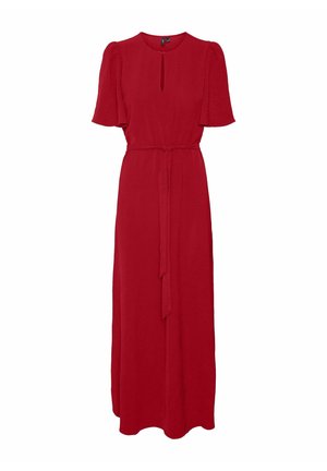 Rode maxi-jurk met korte puffmouwen, keyhole-halslijn en een strikceintuur op de taille. Gemaakt van een gestructureerde stof.