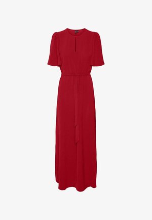 Red maxi dress with short puff sleeves, keyhole neckline, and a tie belt at the waist. Made from a textured fabric.