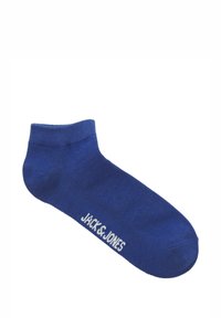 Blauw enkelsokje gemaakt van glad, rekbaar materiaal met een geribbelde boord. Heeft een wit "JACK & JONES" logo langs de zijkant.
