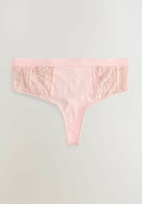 Roze stringondergoed met een effen voorkant en kanten zijpanelen met bloemenpatronen, een gladde textuur en een verstelbare tailleband.