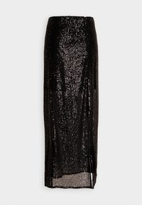 Svart paljetterad kjol med rak silhuett, knälång, med en sprund i fållen och en texturerad yta av glittrande paljetter.