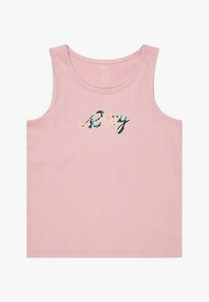 Top de tirantes de color rosa claro hecho de algodón, con un colorido logo de "Roxy" en una fuente juguetona en el centro. Diseño sencillo con un cuello redondo.