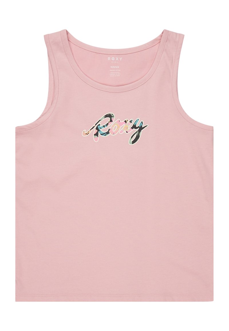 Světle růžový tílko vyrobené z bavlny, se barevným logem "Roxy" v hravém písmu ve středu. Jednoduchý design s kulatým výstřihem.