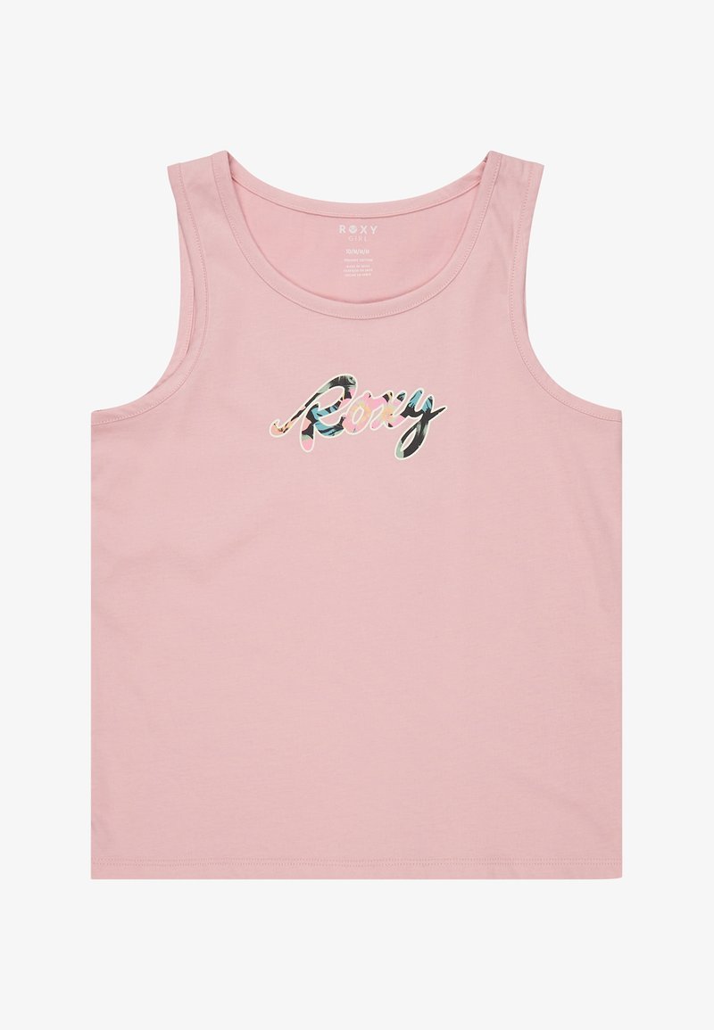 Světle růžový tílko vyrobené z bavlny, se barevným logem "Roxy" v hravém písmu ve středu. Jednoduchý design s kulatým výstřihem.