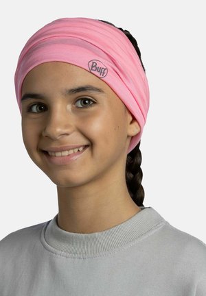 Young person smiling, wearing a light gray shirt and a pink headband with "Buff" logo, hair styled in a braid.