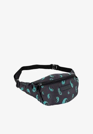 Riñonera negra con un patrón repetido de yin-yang en tonos azul verdoso, fabricada con un material duradero, con un bolsillo delantero con cremallera y correa ajustable.