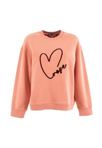 Sudadera rosa con cuello redondo, hombros caídos y dobladillo acanalado. Presenta un corazón negro bordado y el texto en cursiva "rose" en la parte frontal.