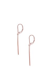 Naušnice od ružičastog zlata imaju minimalistički dizajn s izduženim štapićima i sigurnim zatvaračem na polugu. Glatka tekstura s poliranim završetkom.