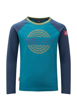Long-sleeve t-shirt featuring a teal front, navy blue sleeves, and a green collar; displays "TROLLKIDS" logo with circular design.