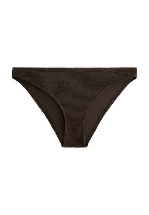 Bikini bottom marrone realizzato in tessuto testurizzato con una fodera interna liscia. Presenta un taglio a vita bassa e un design minimalista.
