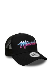 Black cap with a curved brim, featuring vibrant embroidered "Miami" text in blue and pink. Mesh back and adjustable strap. New Era logo visible.