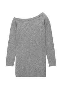 Pull gris, design décontracté sur les épaules, en laine douce, à manches longues et à coupe lâche, avec une texture lisse.