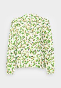 Blusa branca com um padrão floral em verde, azul e amarelo. Apresenta mangas longas e um decote alto com detalhes em pregas.