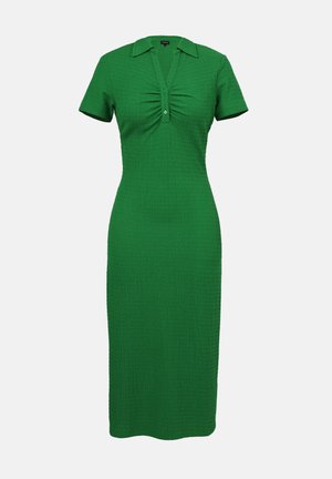 Grünes, knielanges Kleid mit taillierter Silhouette, kurzen Ärmeln und Kragen. Strukturierter Stoff mit einer Raffung am Ausschnitt.