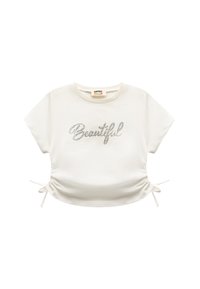 Weißes T-Shirt mit kurzen Ärmeln, auf dem "Beautiful" in Strass gedruckt ist. Verfügt über verstellbare Seitenschlaufen und einen runden Halsausschnitt. Aus softem Baumwollmaterial.