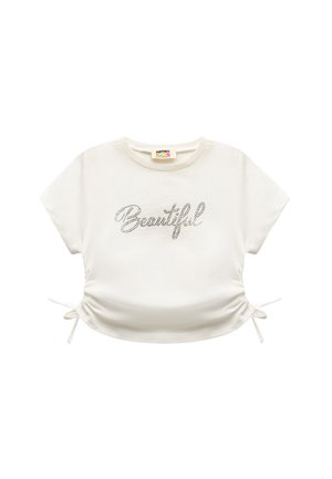 Weißes T-Shirt mit kurzen Ärmeln, auf dem "Beautiful" in Strass gedruckt ist. Verfügt über verstellbare Seitenschlaufen und einen runden Halsausschnitt. Aus softem Baumwollmaterial.