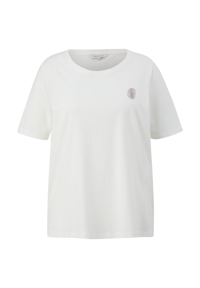 Camiseta de algodón blanca con mangas cortas y escote redondo, que presenta un pequeño diseño bordado en azul y amarillo en el pecho.