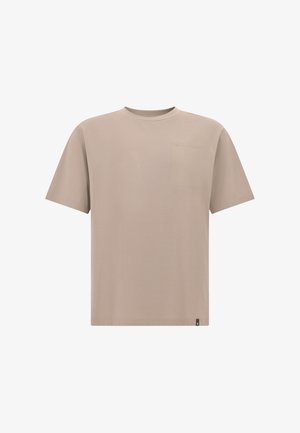 Beige tričko s krátkým rukávem vyrobené z měkké tkaniny, s obdélníkovou náprsní kapsou a klasickým kulatým výstřihem.