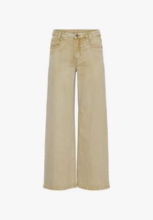 Jeans beige a gamba larga con bottoni frontali e cerniera, due tasche frontali e due posteriori, passanti per cintura e dettagli di lavaggio slavato.