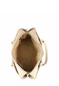 Sac à main en cuir beige avec fermeture éclair, intérieur beige spacieux et deux poignées de transport. Le design présente une texture lisse.