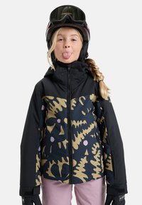 Skijacke mit schwarzem Grundton und auffälligen gelben und lila abstrakten Mustern, Reißverschluss, hohem Kragen und passenden Handschuhen.