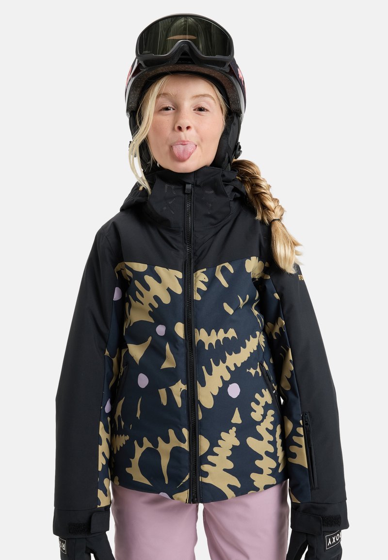 Skijacke mit schwarzem Grundton und auffälligen gelben und lila abstrakten Mustern, Reißverschluss, hohem Kragen und passenden Handschuhen.