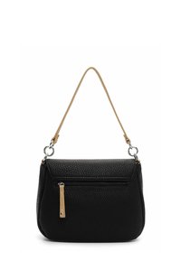 Black leather handbag with a textured finish, a single tan strap, silver hardware, and a front zip pocket featuring a wooden tag.