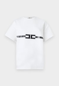 White short-sleeve t-shirt made of cotton, featuring a central black logo band with the text "ELISABETTA FRANCHI" and geometric accents.