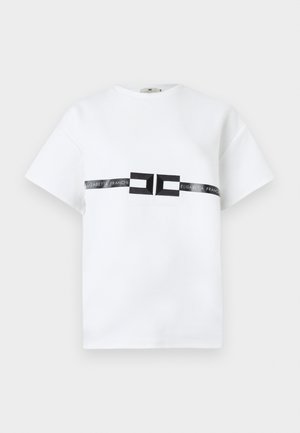 White short-sleeve t-shirt made of cotton, featuring a central black logo band with the text "ELISABETTA FRANCHI" and geometric accents.