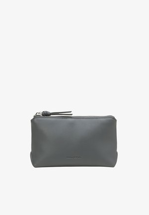 Gray leather cosmetic pouch with a rectangular shape, zip closure, and small tassel detail. Smooth texture and subtle branding on the front.
