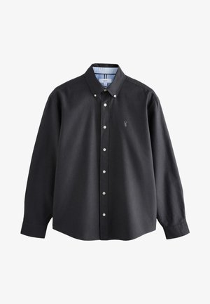 Sort langærmet skjorte med knapper og knap-på-krave samt diskret broderet logo på venstre bryst.
