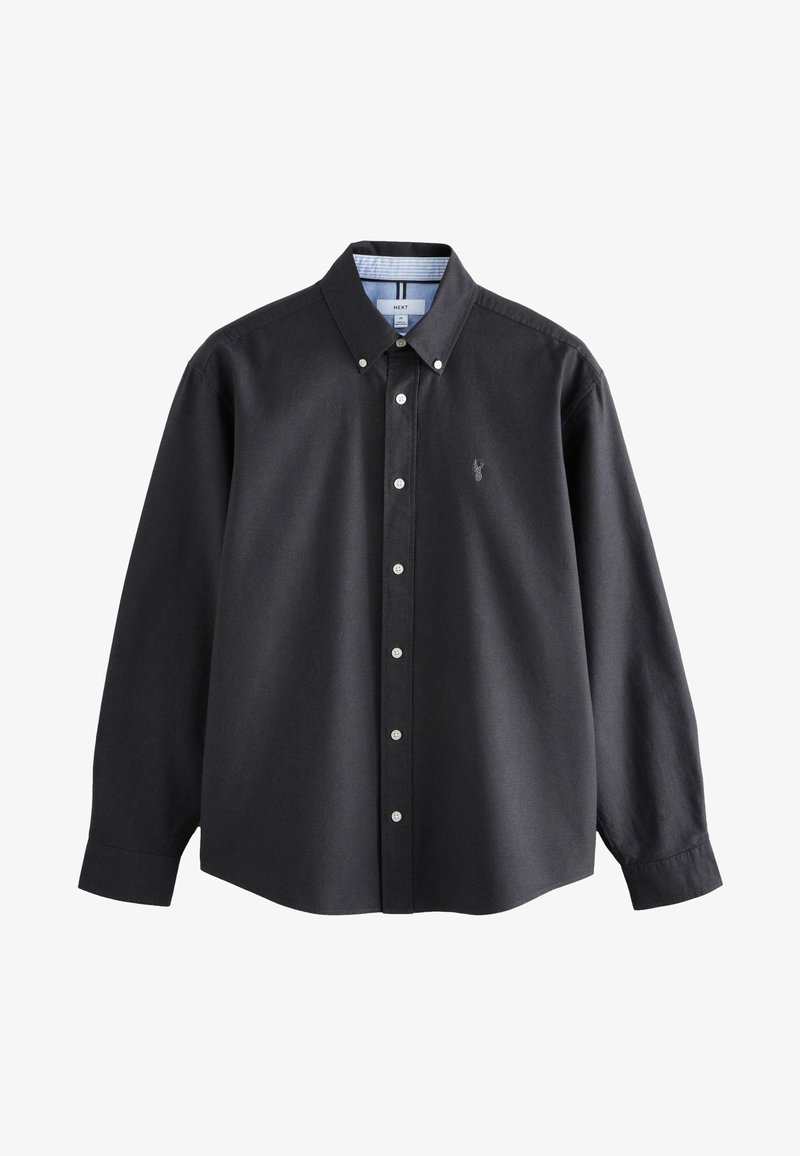 Schwarzes, langärmeliges Hemd mit Knopfleiste, Button-Down-Kragen und dezent gesticktem Logo auf der linken Brust.