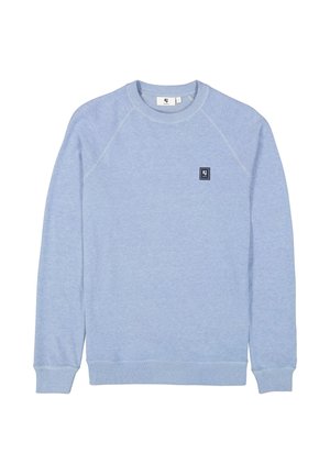 Sudadera azul claro con cuello redondo, puños y dobladillo acanalados, que presenta un pequeño logotipo de parche oscuro en el pecho. Tejido suave y texturizado.