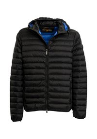 Giubbotto imbottito nero con design trapuntato, zip frontale e cappuccio regolabile. Interno con fodera blu. Polsini ed orlo elasticizzati.