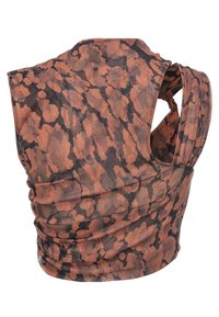 Top senza maniche con un motivo astratto marrone e nero, realizzato in un tessuto leggero con dettagli arricciati lungo i fianchi.
