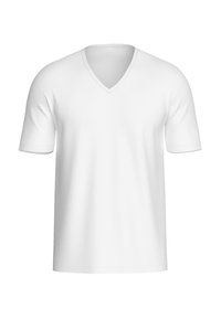 Plain white short-sleeve V-neck T-shirt with a smooth texture, displayed on a white background.