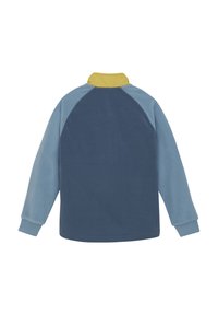Fleece pulover u plavoj i svijetloplavoj boji, s raglan rukavima i žutim ovratnikom. Mekana tekstura s opuštenim krojem.