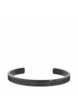 Brățară din metal negru cu model texturat și inscripția "ASTON MARTIN" gravată în centrul frontal.