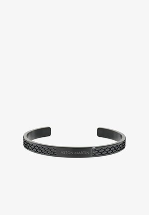 Juodo metalo apyrankė su tekstūruotu raštu ir išgraviruotu užrašu „ASTON MARTIN“ priekyje centre.