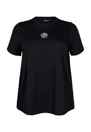 Black cotton t-shirt with short sleeves, round neck, and a white rose embroidery on the chest. Relaxed fit, smooth texture.
