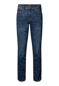 Blugi pentru bărbați, denim albastru închis, cu închidere frontală cu nasture și fermoar, cinci buzunare și decolorare ușoară pe coapse și genunchi.