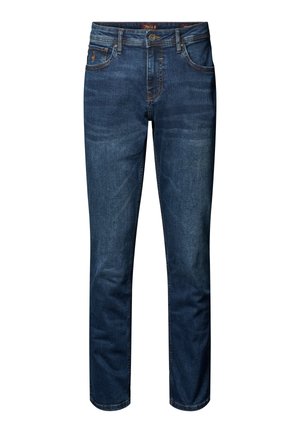 Pánske tmavomodré rifle z denimu s predným zapínaním na gombík a zips, s piatimi vreckami a miernym vyblednutím na stehnách a kolenách.